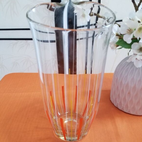 MCM Slender Glass Cocktail Pitcher w/ Orange, Yellow & White Stripes - Picture 1 of 3